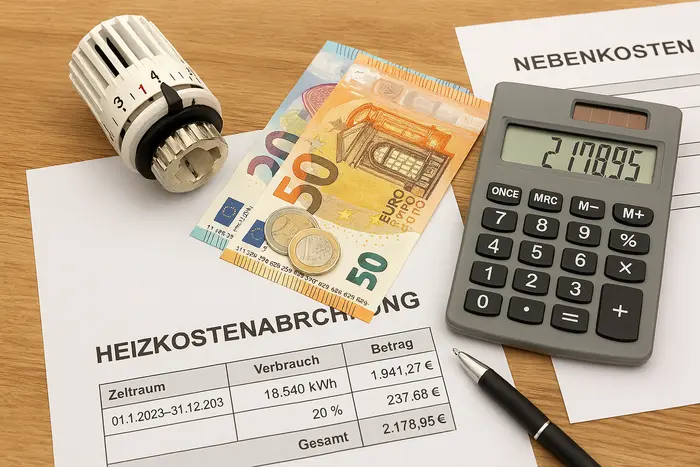 ein Bild zum Thema Heizkostenabrechnung: Es zeigt typische Elemente wie eine Heizkostenabrechnung mit Verbrauchs- und Kostenangaben, einen Heizungsregler, Euro-Banknoten und Münzen, einen Taschenrechner sowie einen Stift – alles auf einem Schreibtisch arrangiert.