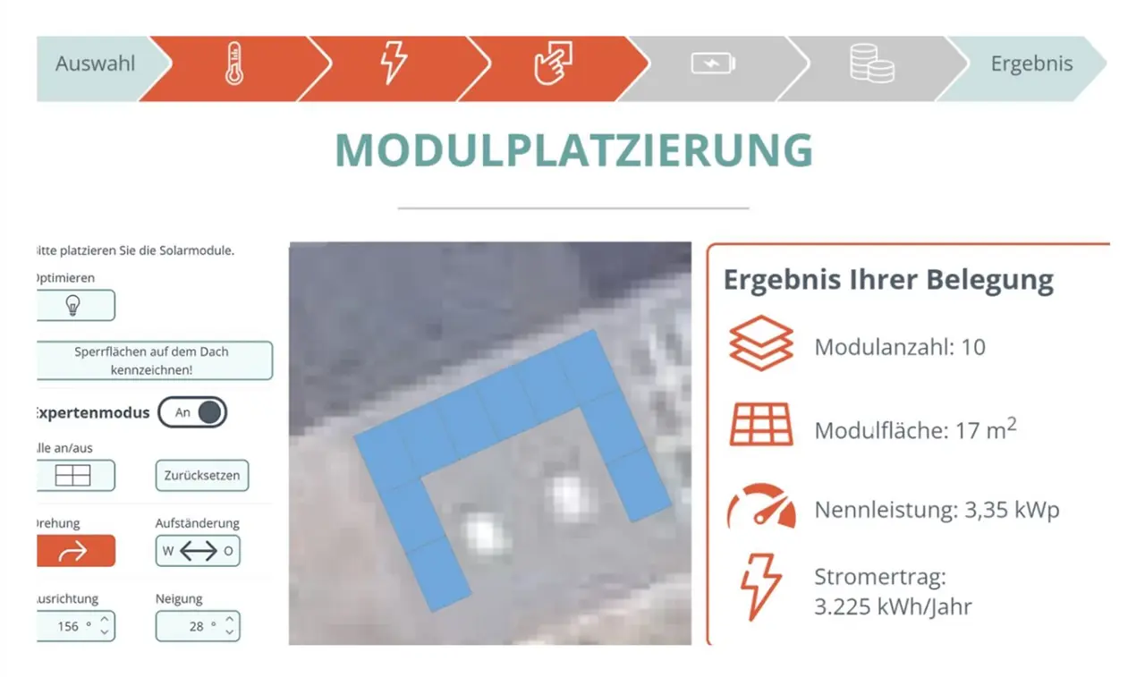 Screenshot Modulplatzierer des Online Solarrechners der Region Bayreuth