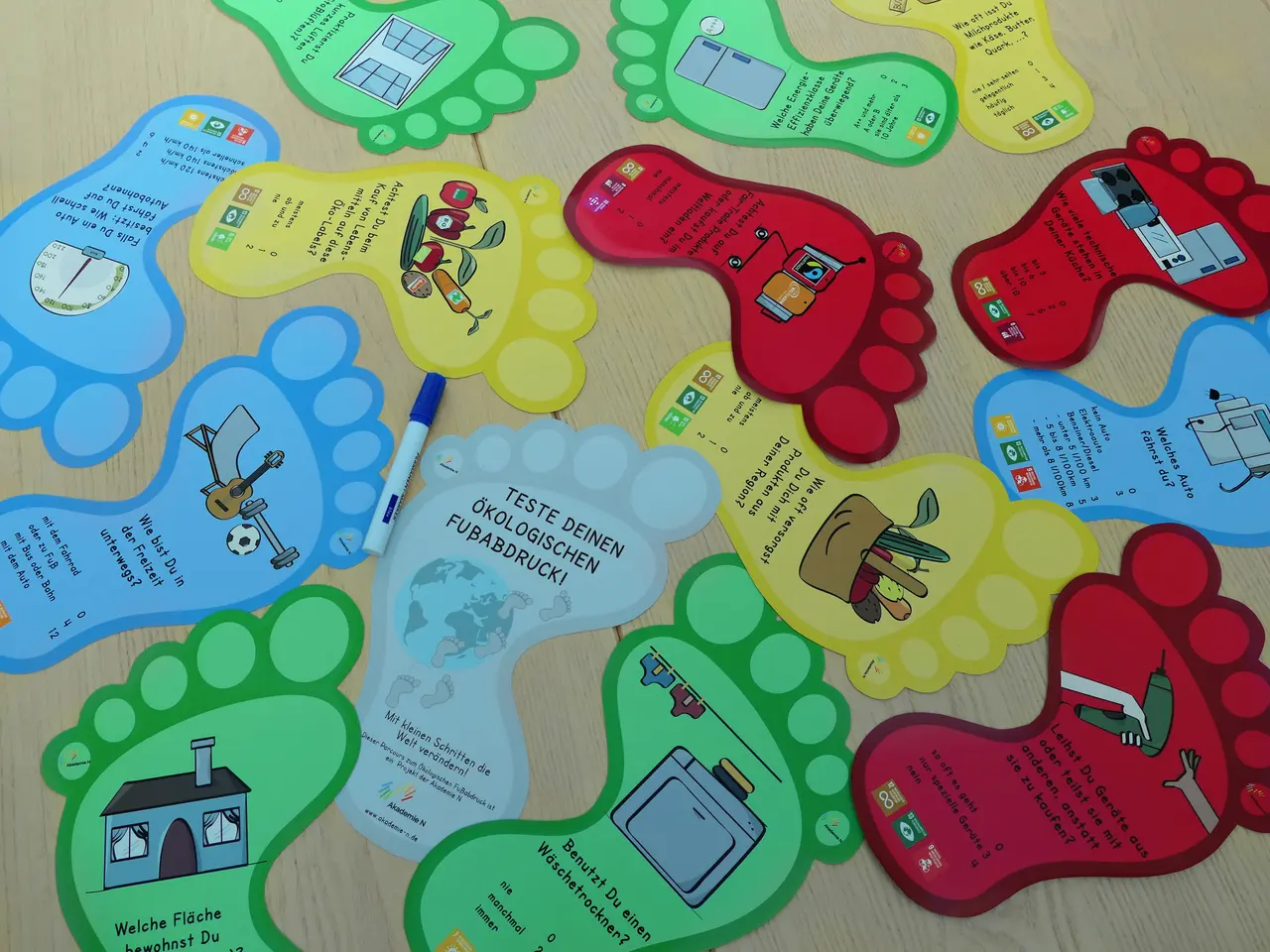 Ökologischen Fussabdruck spielerisch testen mit der Tischversion. Ideal geeignet für Events. Kann kostenlos bei den Klimaschutzmanagements der Region Bayreuth ausgeliehen werden.
